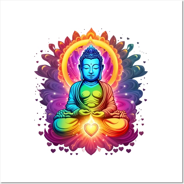 Luminous Buddha in Heart's Blaze - Rainbow Mystique Tee Wall Art by trubble